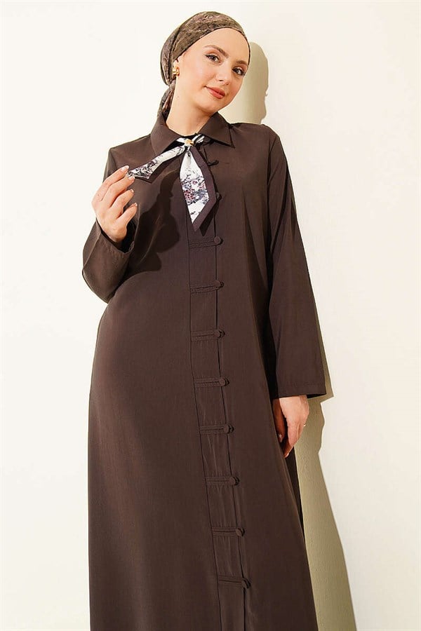 Full-Length Modal Dress with Scarf and Button Closure, Dark Brown