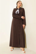 Full-Length Modal Dress with Scarf and Button Closure, Dark Brown