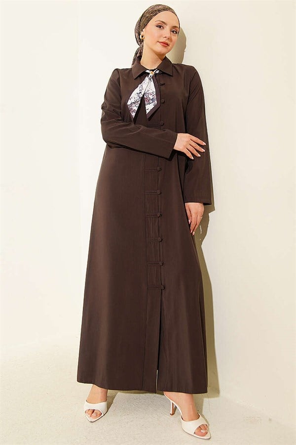 Full-Length Modal Dress with Scarf and Button Closure, Dark Brown
