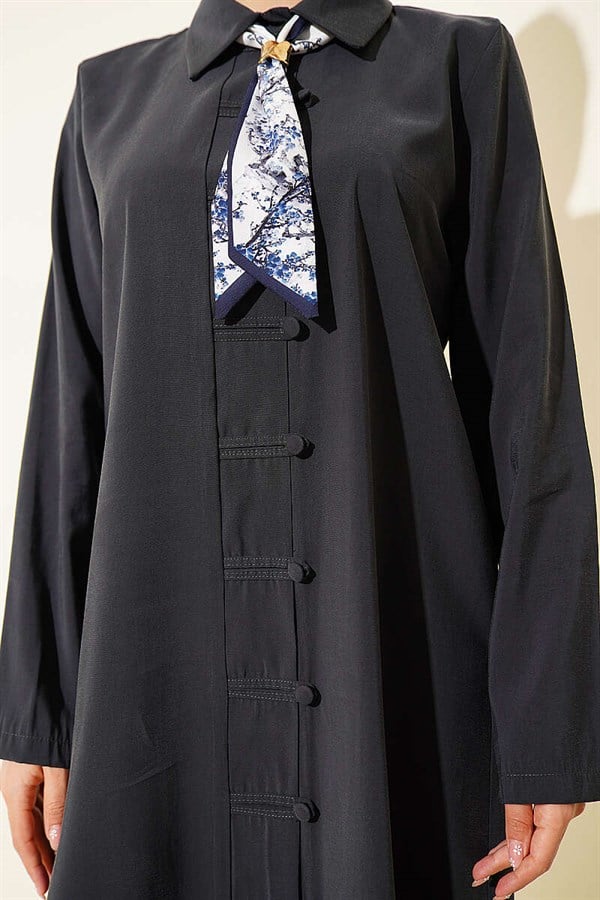 Full-Length Modal Dress with Scarf and British Buttons, Smoke Grey