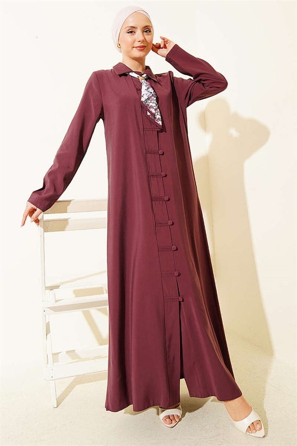Full-Length Modal Dress with Scarf and Button Closure, Burgundy