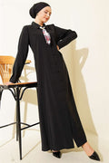Black Full-Length Modal Dress with Scarf and British Button Closure
