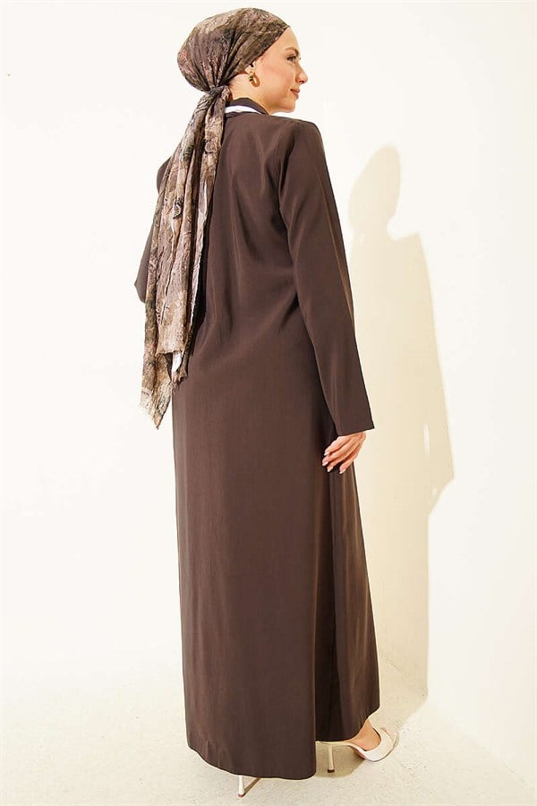 Full-Length Modal Dress with Scarf and Button Closure, Dark Brown