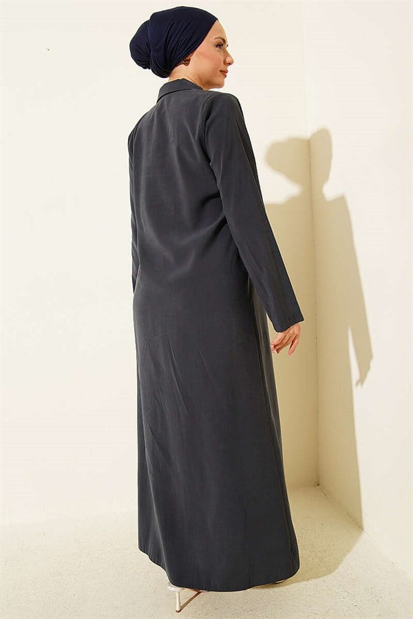 Full-Length Modal Dress with Scarf and British Buttons, Smoke Grey