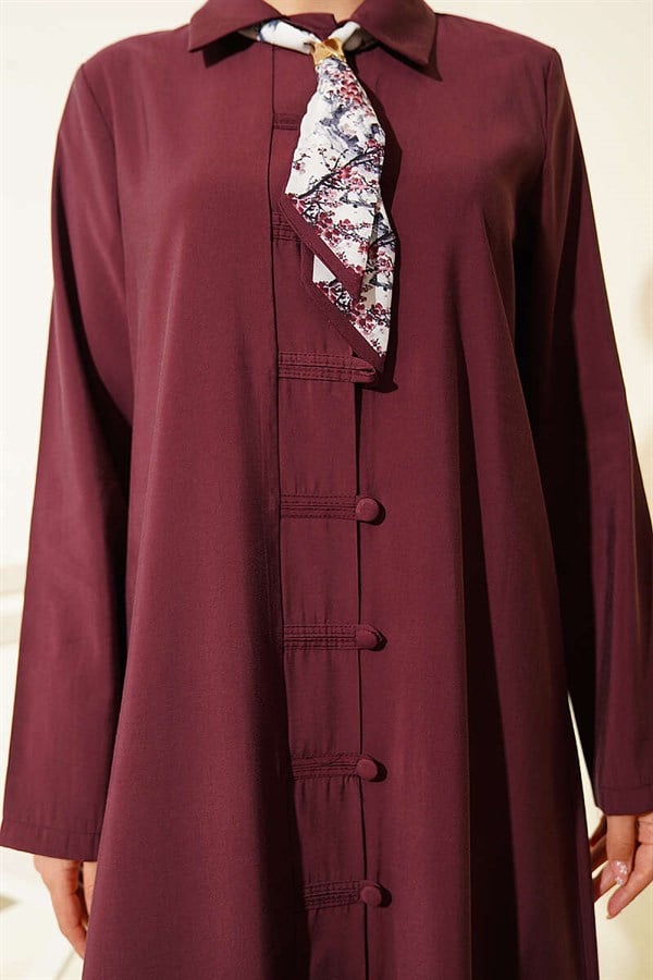 Full-Length Modal Dress with Scarf and Button Closure, Burgundy