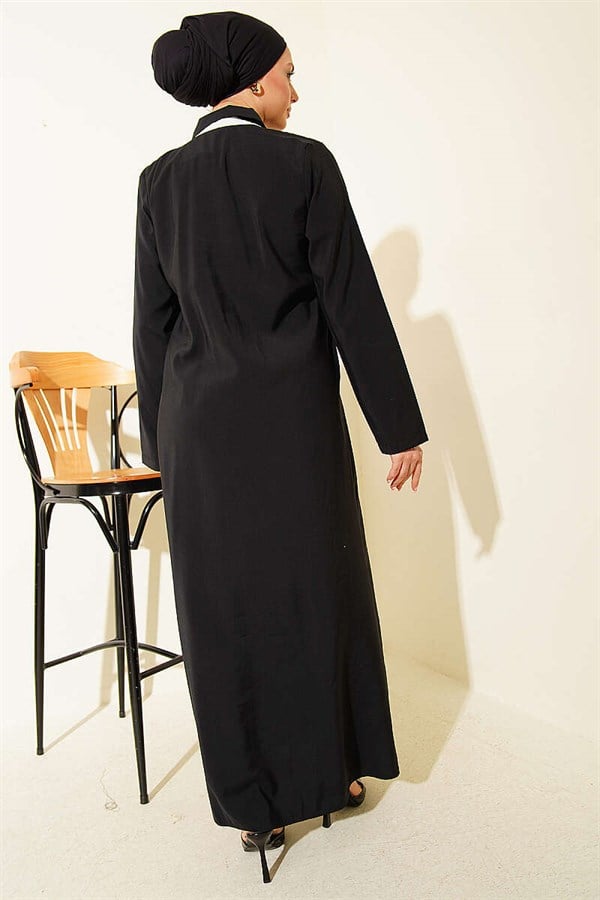 Black Full-Length Modal Dress with Scarf and British Button Closure