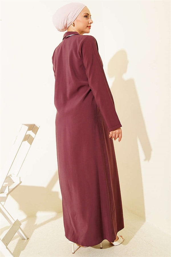 Full-Length Modal Dress with Scarf and Button Closure, Burgundy