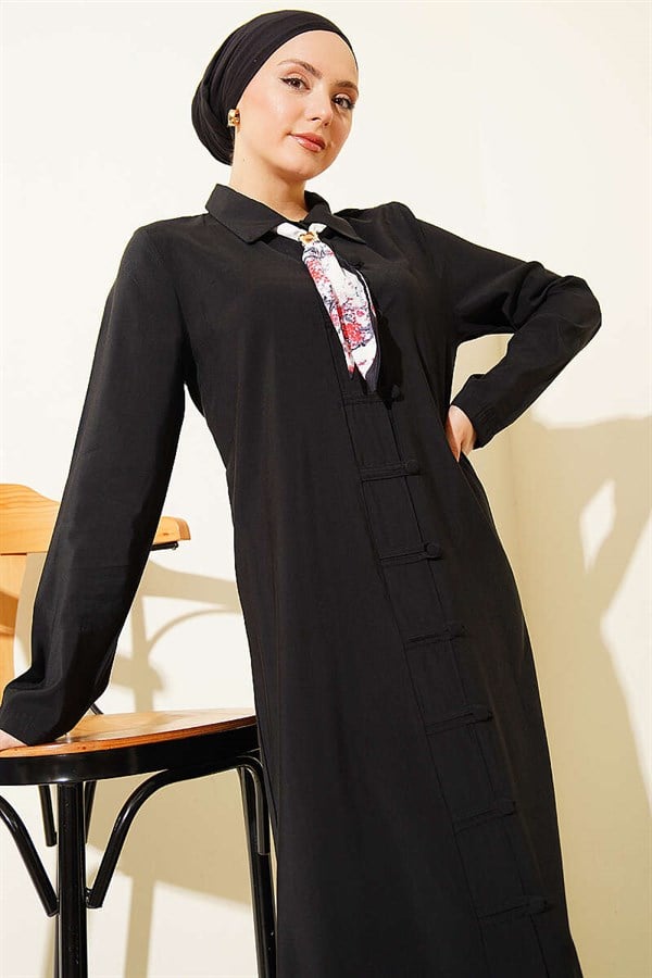 Black Full-Length Modal Dress with Scarf and British Button Closure