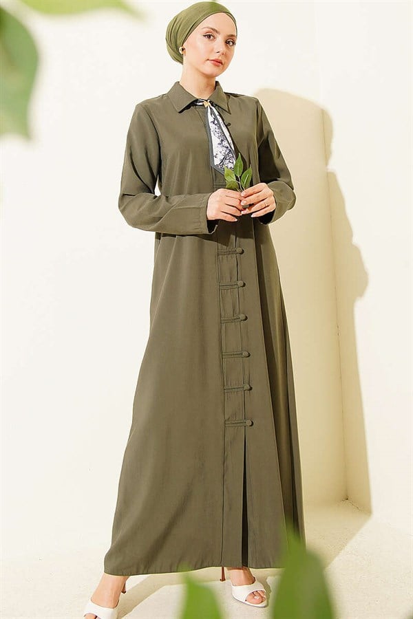 Modal Dress with Scarf and Buttoned Front, Khaki