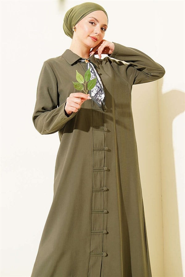 Modal Dress with Scarf and Buttoned Front, Khaki