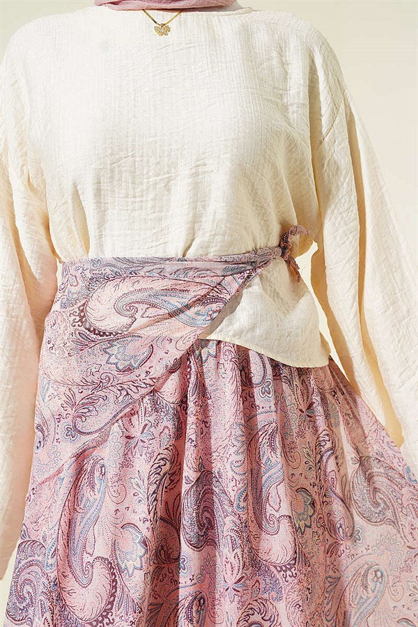 2 Piece Set with scarf and ethnic patterned skirt, pink.