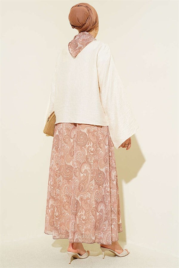 2 Piece Set with scarf and ethnic patterned skirt, camel color.