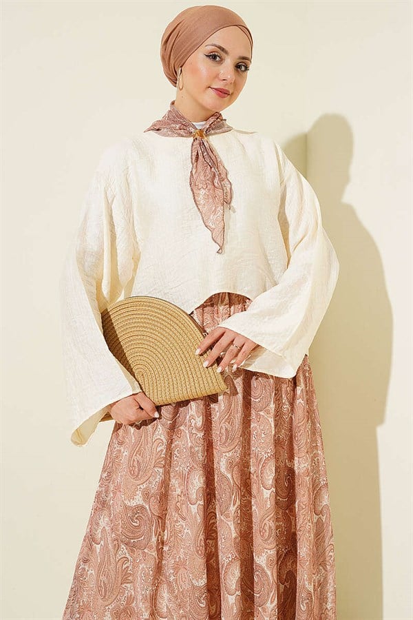 2 Piece Set with scarf and ethnic patterned skirt, camel color.