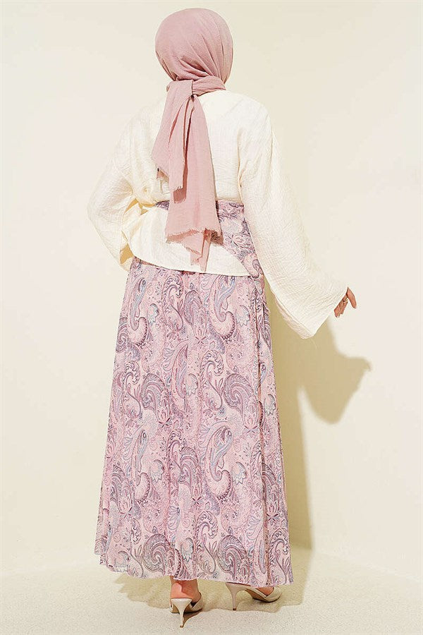 2 Piece Set with scarf and ethnic patterned skirt, pink.