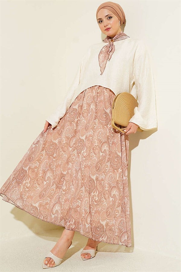 2 Piece Set with scarf and ethnic patterned skirt, camel color.
