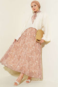 2 Piece Set with scarf and ethnic patterned skirt, camel color.