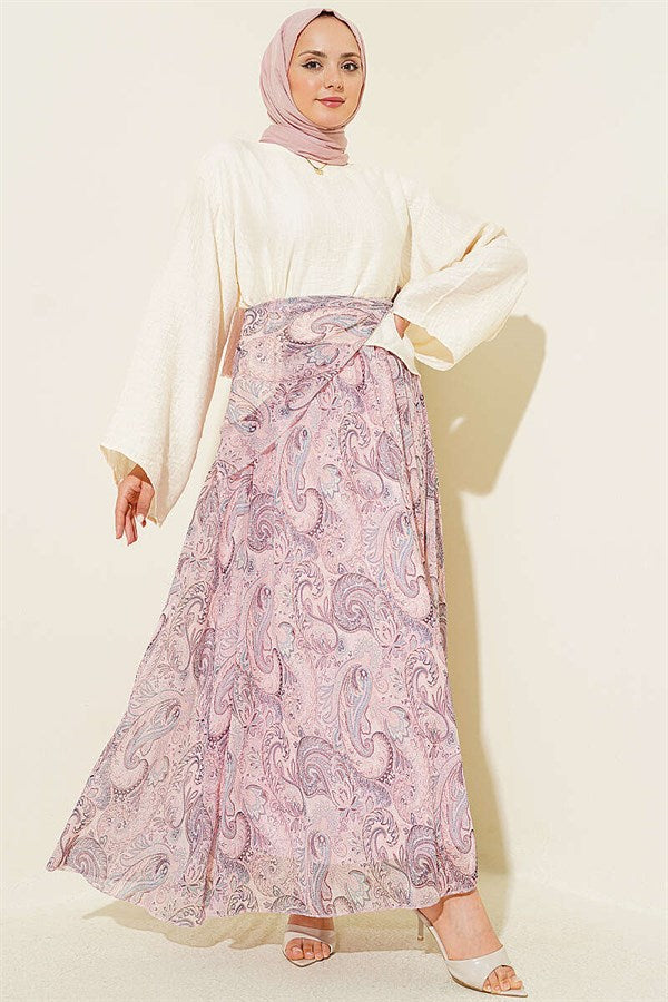 2 Piece Set with scarf and ethnic patterned skirt, pink.