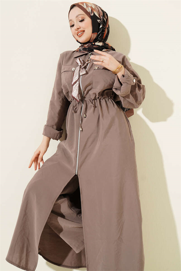 Modal Long Tunic 2 Piece Set with Scarf and Zipper, Mink Color