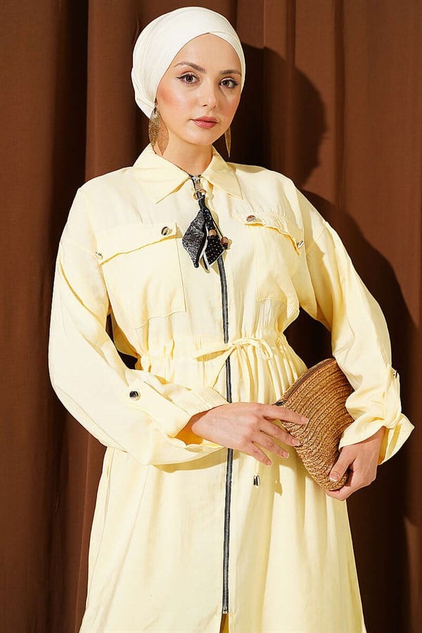 Yellow Modal Long Tunic 2 Piece Set with Scarf and Zipper
