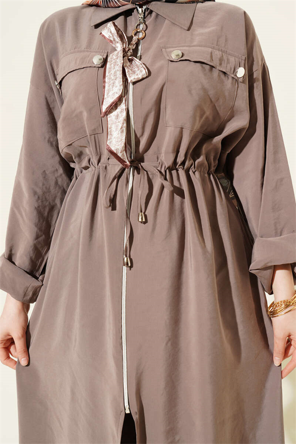 Modal Long Tunic 2 Piece Set with Scarf and Zipper, Mink Color