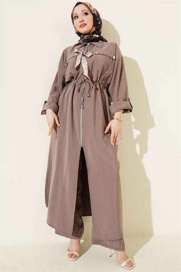 Modal Long Tunic 2 Piece Set with Scarf and Zipper, Mink Color