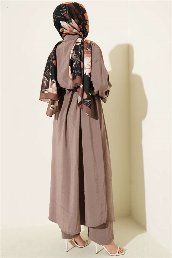 Modal Long Tunic 2 Piece Set with Scarf and Zipper, Mink Color