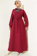 Scarf and Rope Lace Detailed Dress, Burgundy