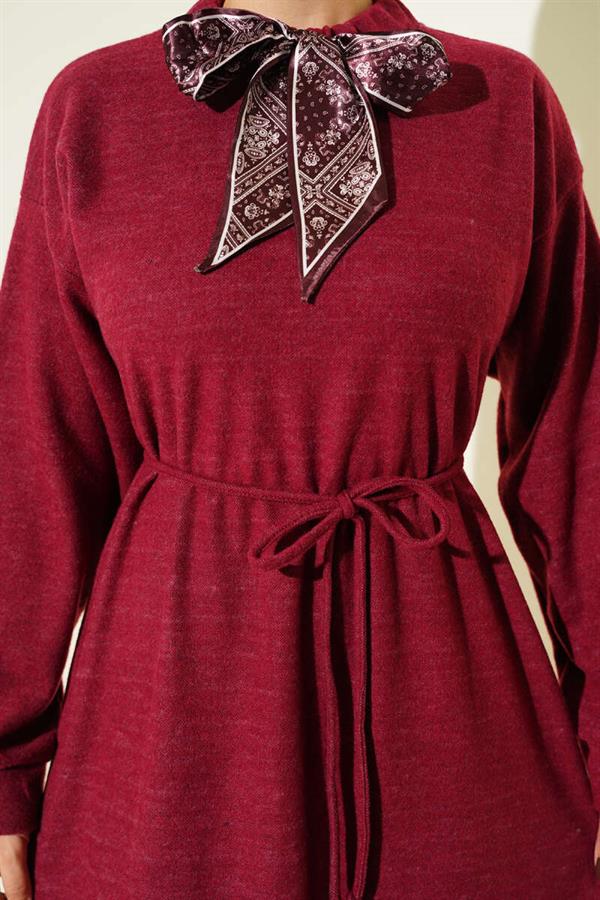 Scarf and Rope Lace Detailed Dress, Burgundy