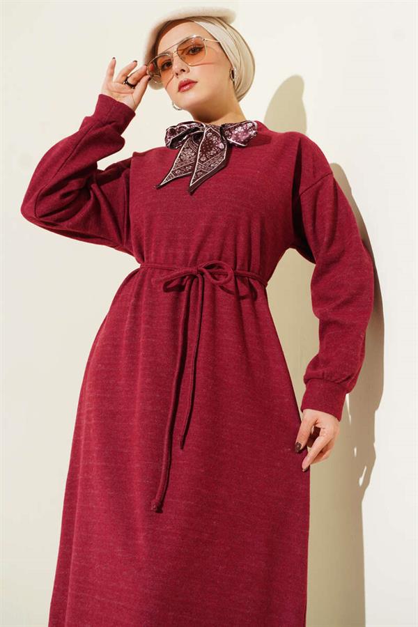 Scarf and Rope Lace Detailed Dress, Burgundy