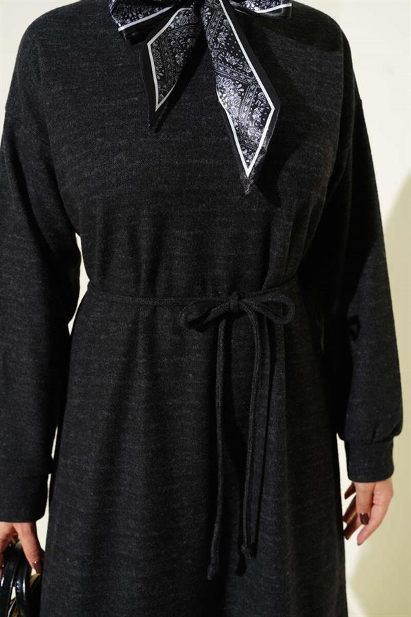 Scarf and Rope Lace Detailed Dress Black