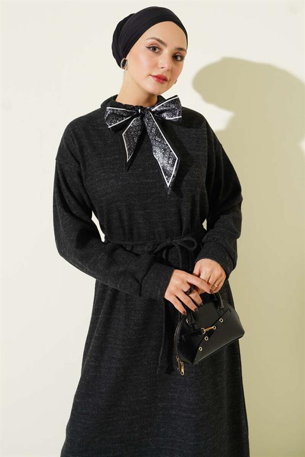 Scarf and Rope Lace Detailed Dress Black