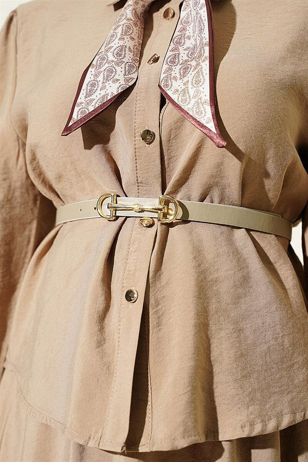 Beige 2 Piece Set with Scarf, Belt and Skirt