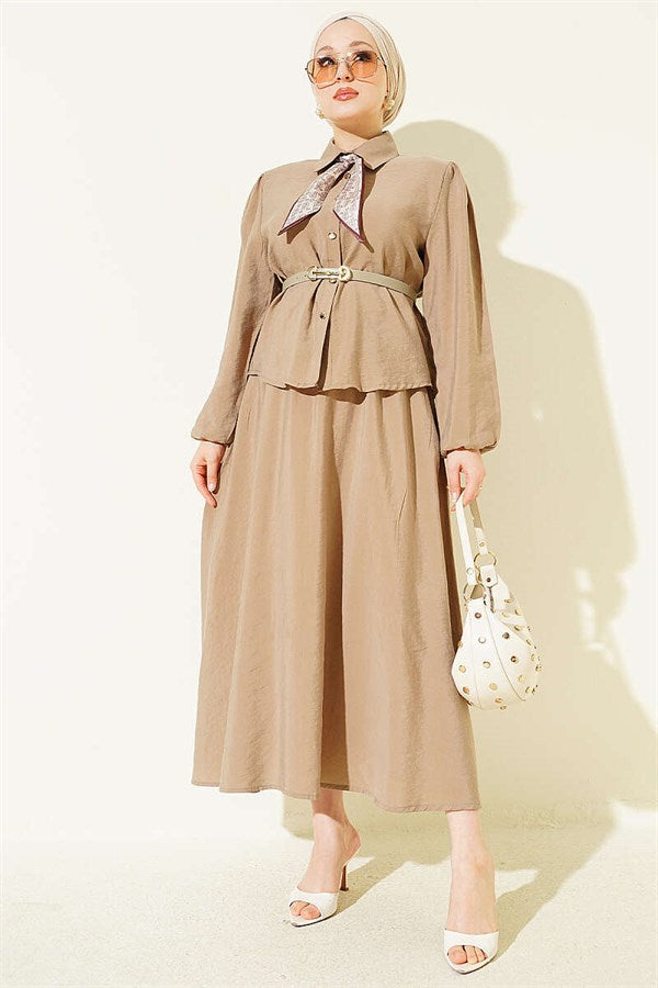Beige 2 Piece Set with Scarf, Belt and Skirt