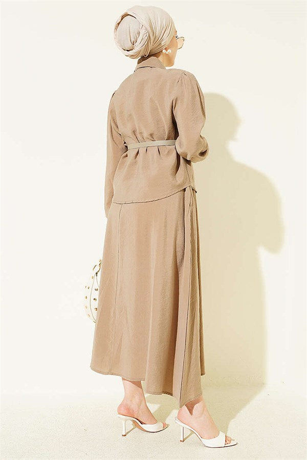 Beige 2 Piece Set with Scarf, Belt and Skirt