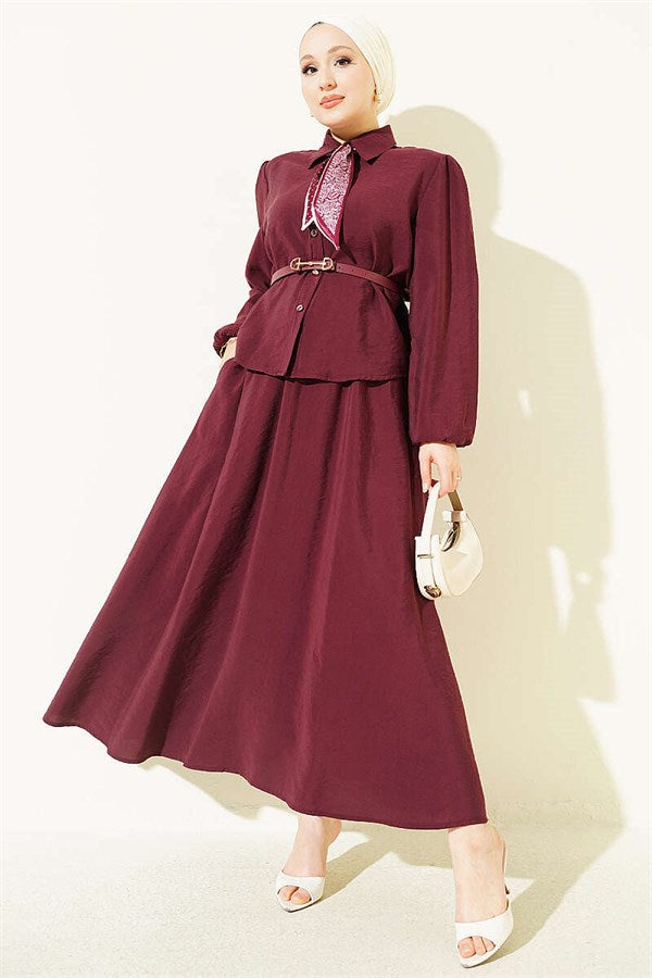 2 Piece Set with scarf, belt and skirt, in burgundy.