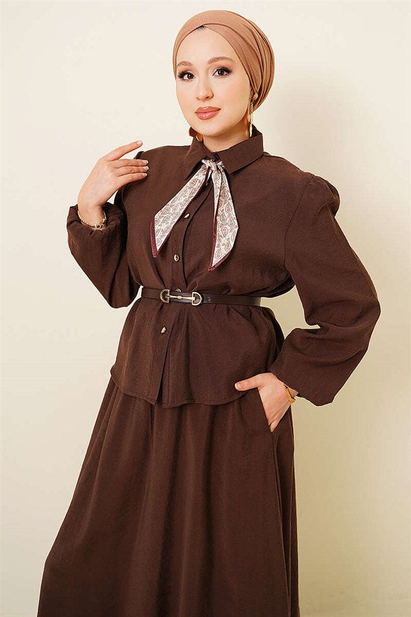 2 Piece Set in coffee color: Scarf, Belt, and Skirt.
