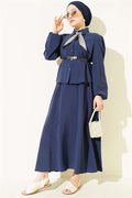2 Piece Set with scarf, belt and skirt, navy blue.