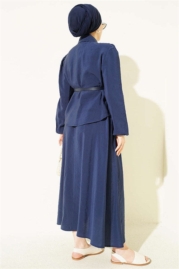 2 Piece Set with scarf, belt and skirt, navy blue.