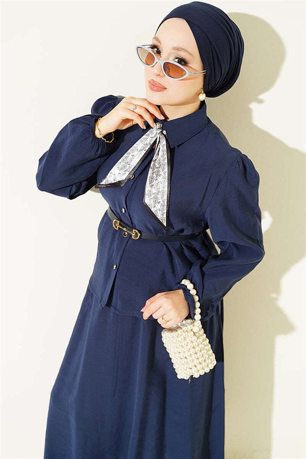 2 Piece Set with scarf, belt and skirt, navy blue.