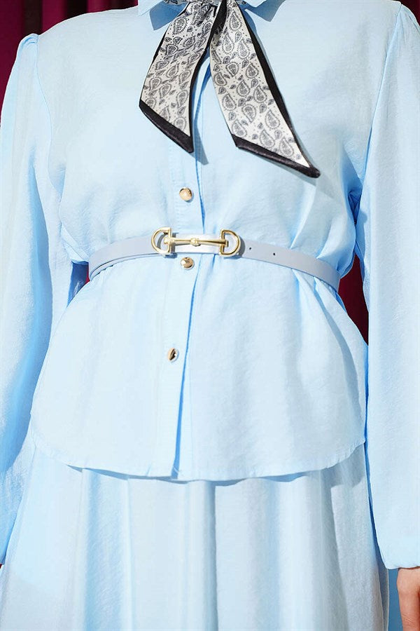 2 Piece Set with scarf, belt and skirt, blue.