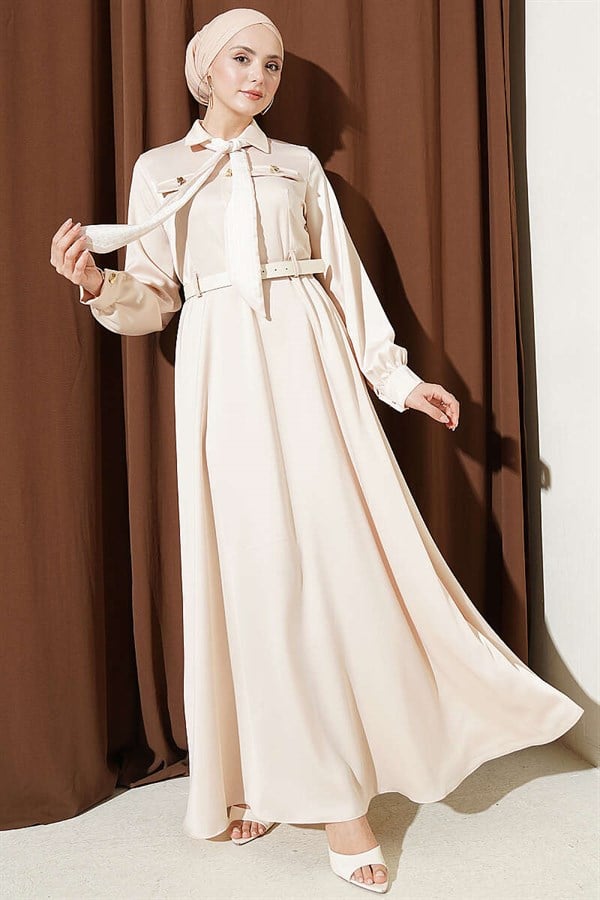 Satin Evening Dress with Scarf and Belt, Beige