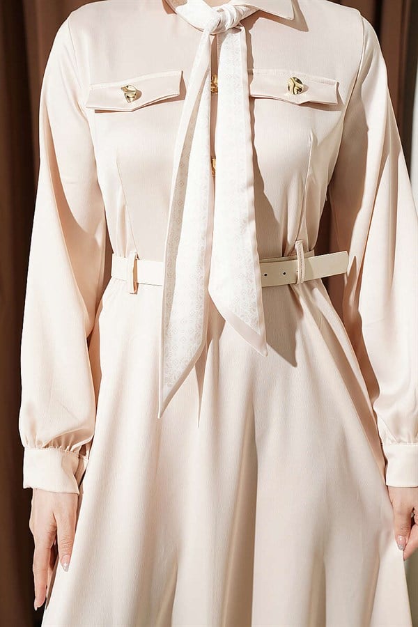 Satin Evening Dress with Scarf and Belt, Beige