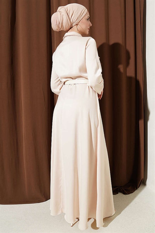 Satin Evening Dress with Scarf and Belt, Beige