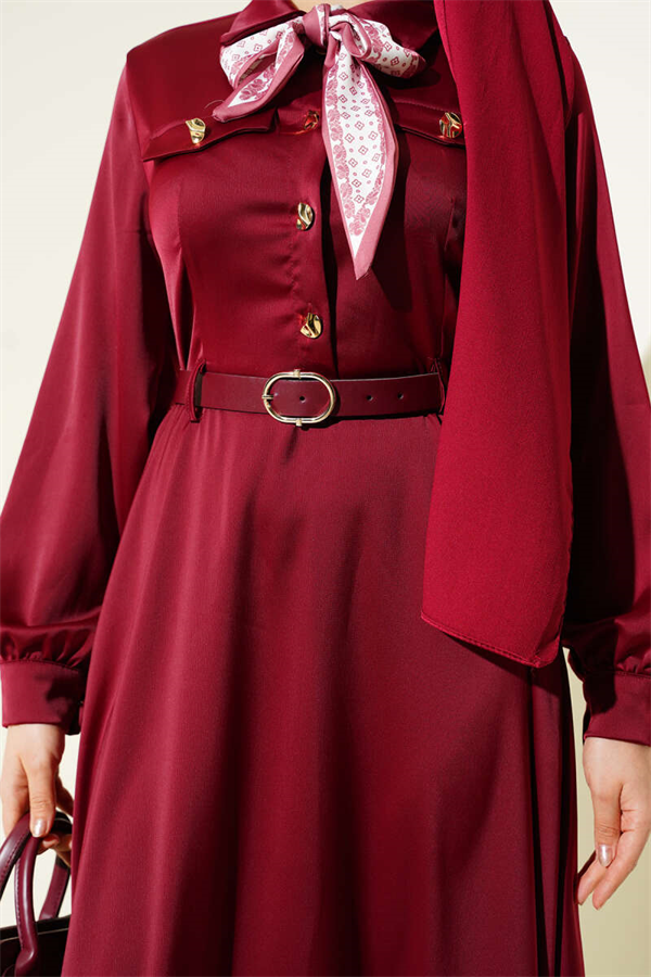 Satin Evening Dress with Scarf and Belt, Burgundy