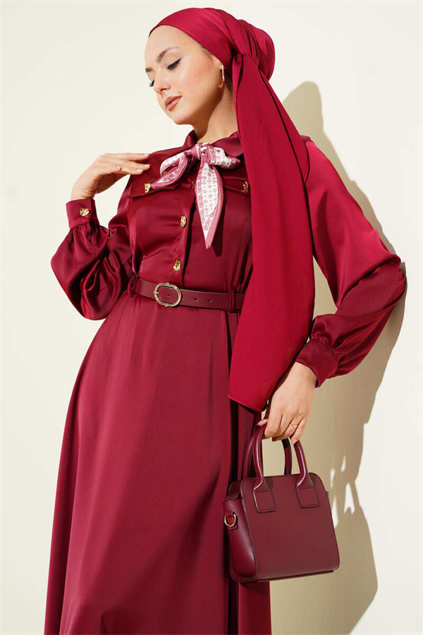 Satin Evening Dress with Scarf and Belt, Burgundy