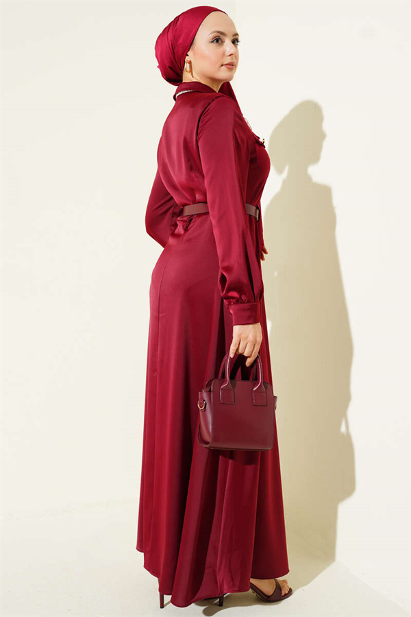 Satin Evening Dress with Scarf and Belt, Burgundy