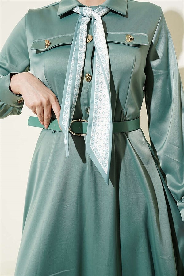 Satin Evening Dress with Scarf and Belt, Light Green