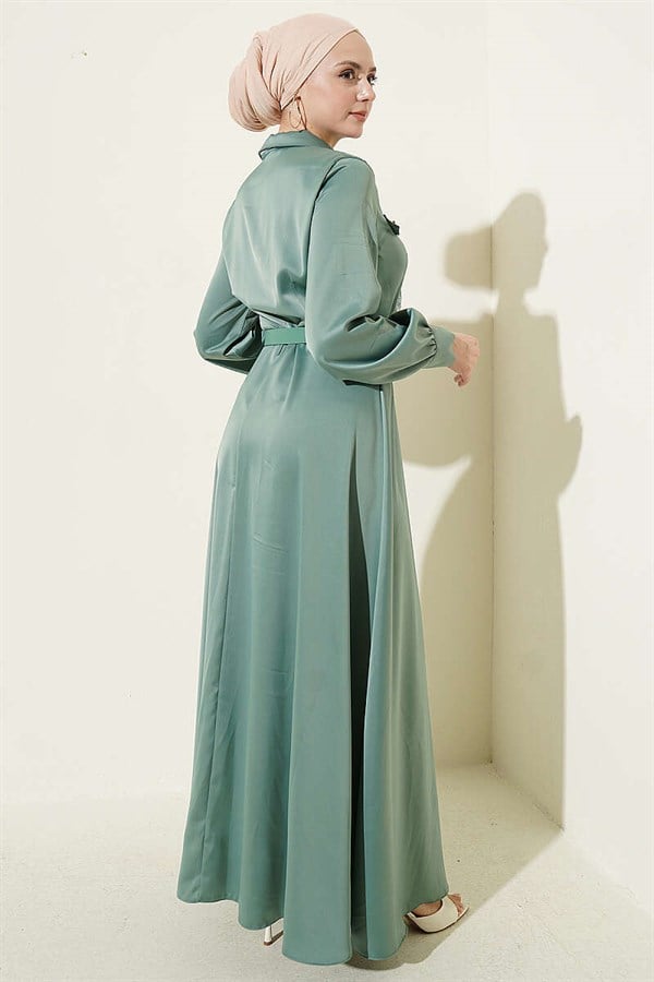Satin Evening Dress with Scarf and Belt, Light Green