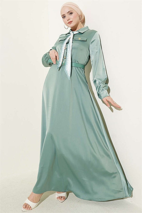 Satin Evening Dress with Scarf and Belt, Light Green