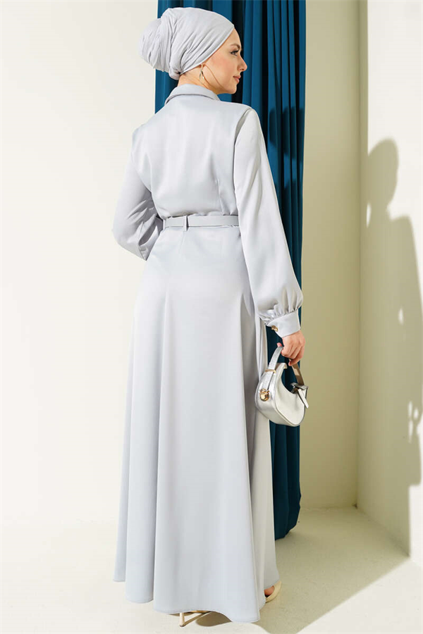 Gray Satin Evening Dress with Scarf and Belt